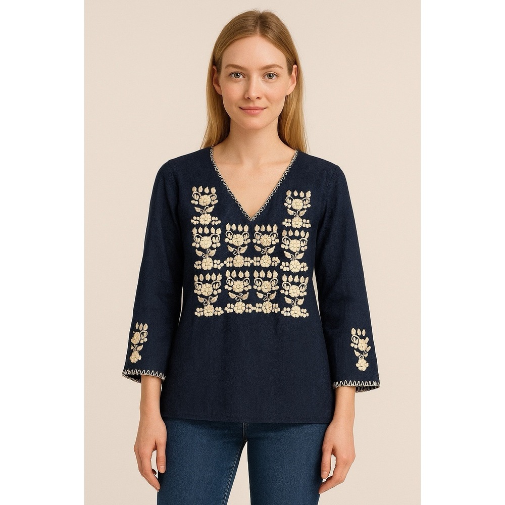 Hand Embroidered Chambray Blouse Women M Blue Boho Tunic Peasant Cottagecore Top